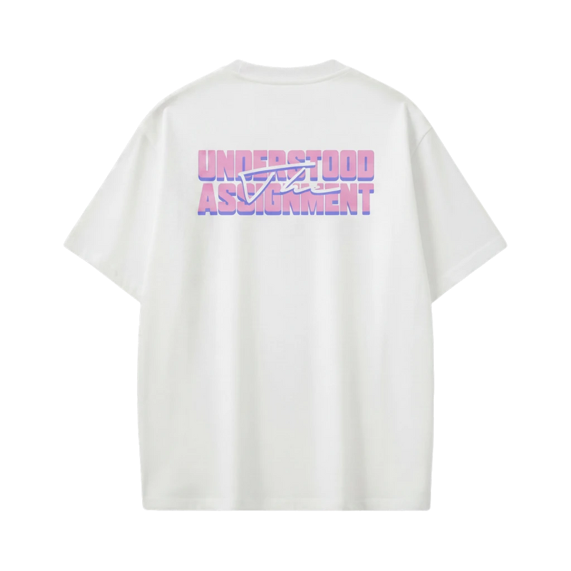 Off Supply white oversized t-shirt with "UNDERSTOOD ASSIGNMENT" graphic print in pink and blue gradient.