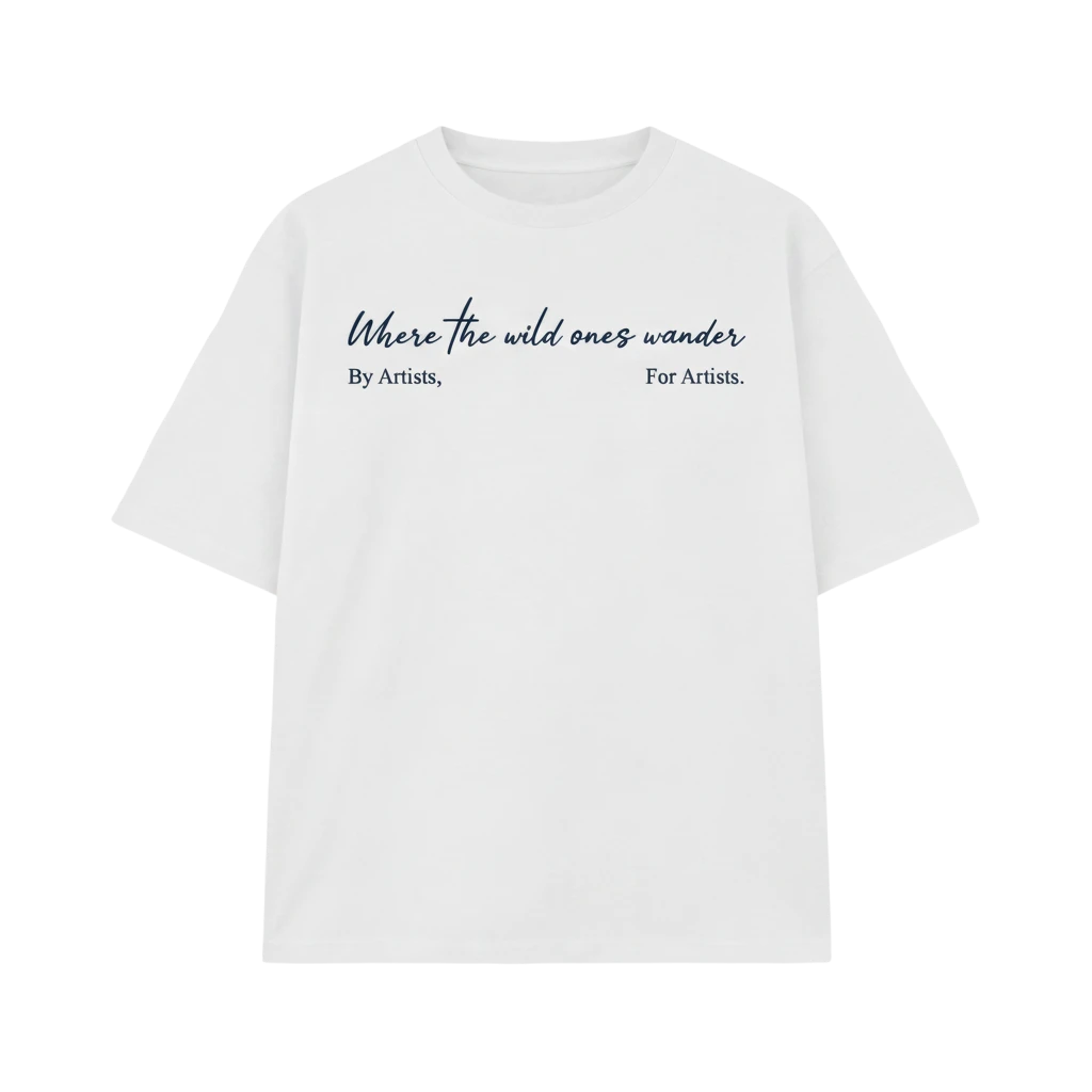 Off Supply white 100% combed cotton t-shirt with navy blue "Where the wild ones wander" graphic print.