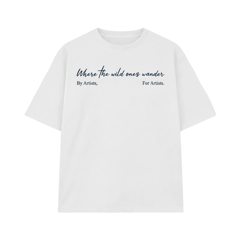 Off Supply white 100% combed cotton t-shirt with navy blue "Where the wild ones wander" graphic print.