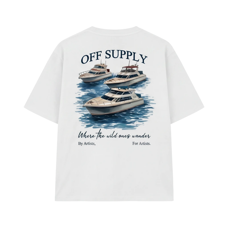 Off Supply white 220 GSM combed cotton t-shirt with oversized fit and yacht graphic print on back.