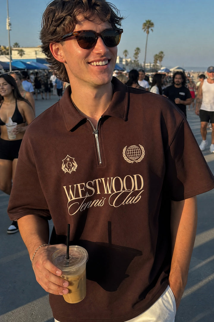 Off Supply Westwood Tennis Club Brown Quarter Zip T-shirt
