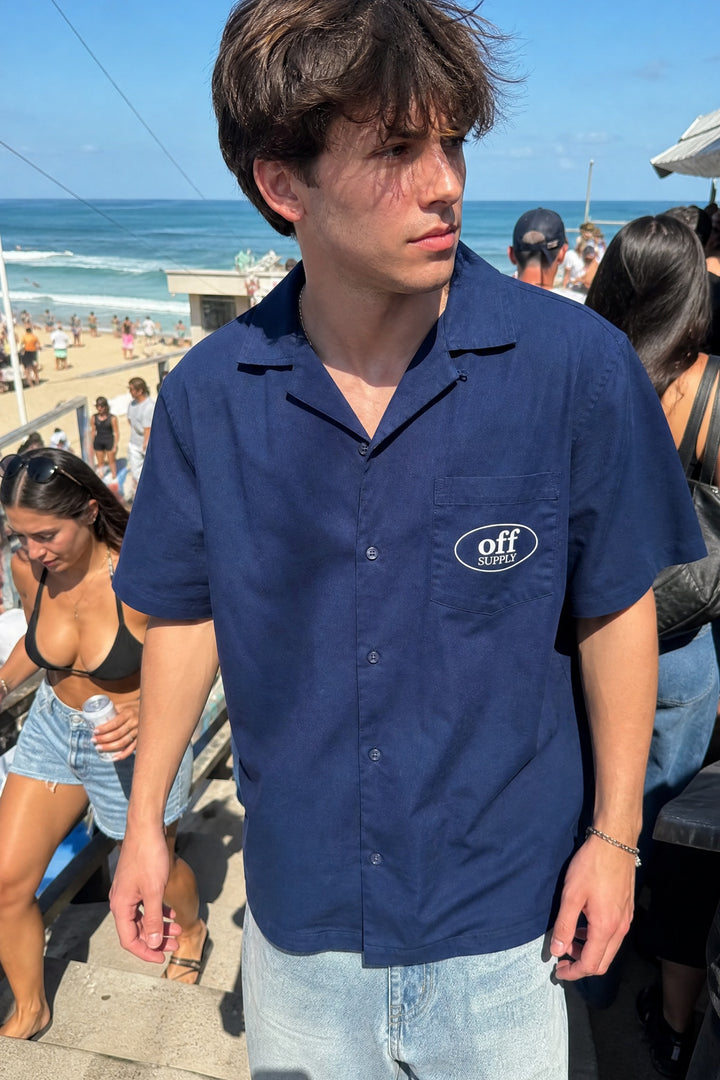 Off Supply Motion Dreams Navy Blue Bowling Shirt