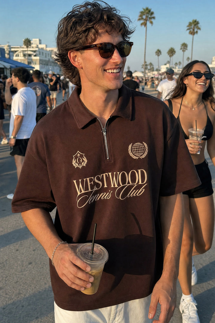Off Supply Westwood Tennis Club Brown Quarter Zip T-shirt
